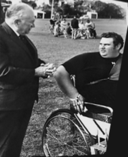 Sir Ludwig Guttman (from Stoke Mandeville England) Founder of the International Paraplegic Games 1948, talking to Bill Lean at the Games in Dunedin.