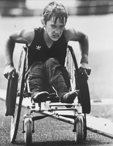 Evan Clulee at the 1985 Nationals. 13 years old riding a homemade racing wheelchair.